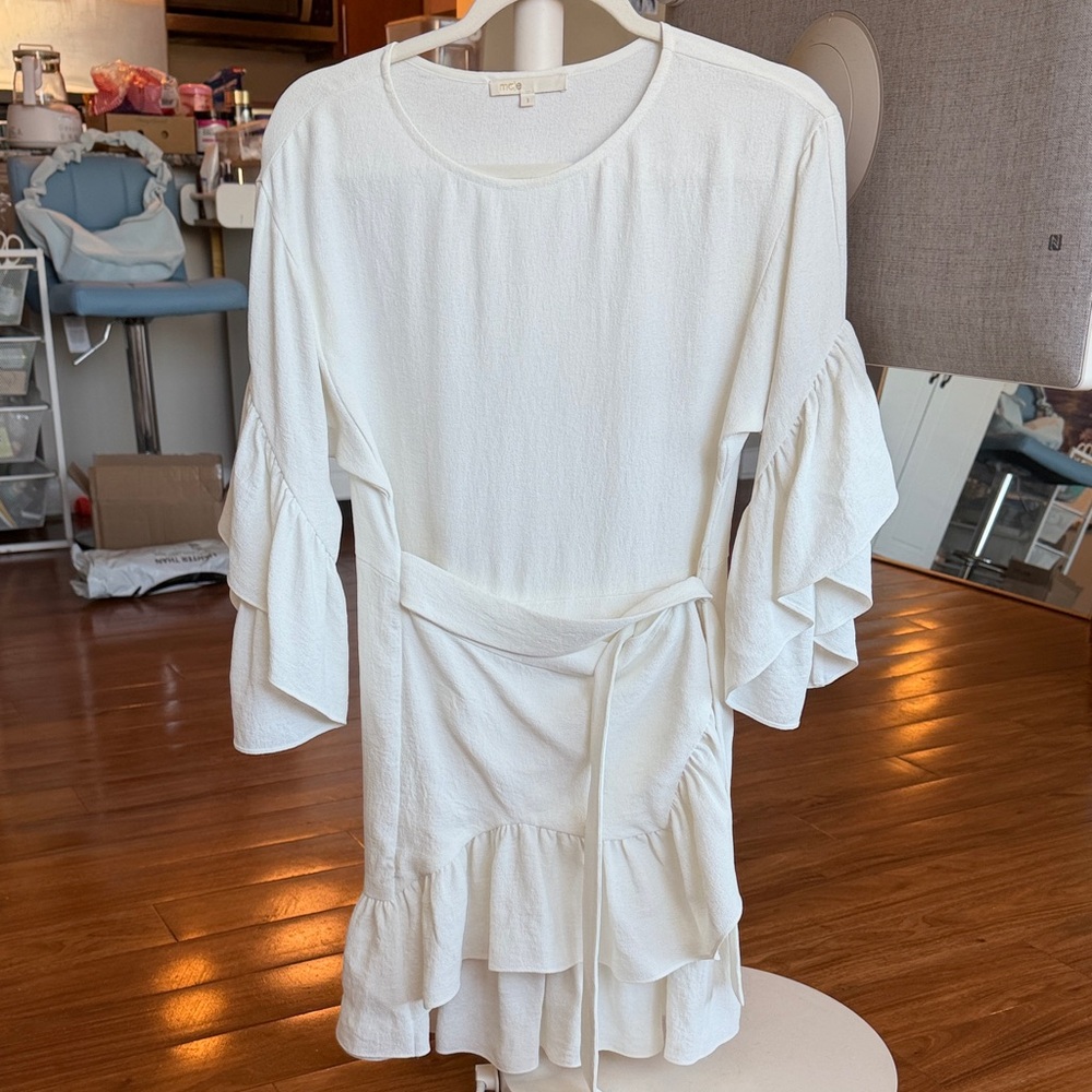 MAJE White Ruffle Sleeve Tie-Waist Dress